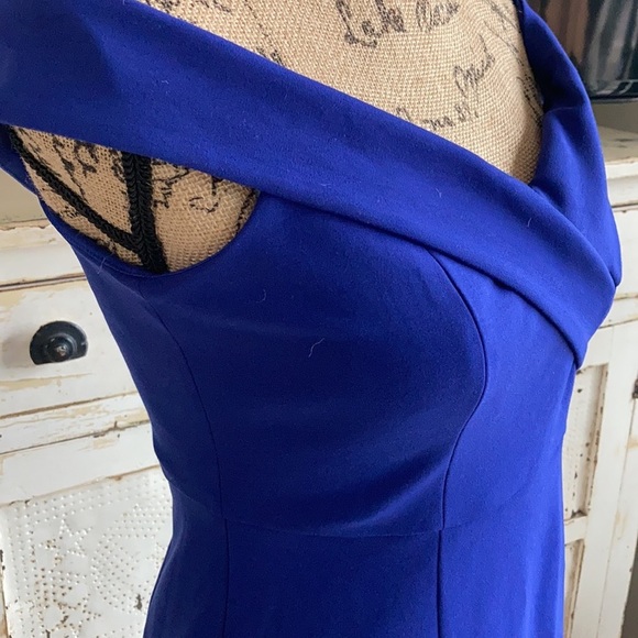 Lulu’s Classic Glam blue off-the-shoulder zip back leg slit body con dress - Picture 8 of 16